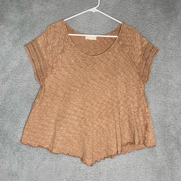 Altard state slub cotton brown top lace raw hem slouchy boho ruffle scoop neck M - Picture 1 of 9